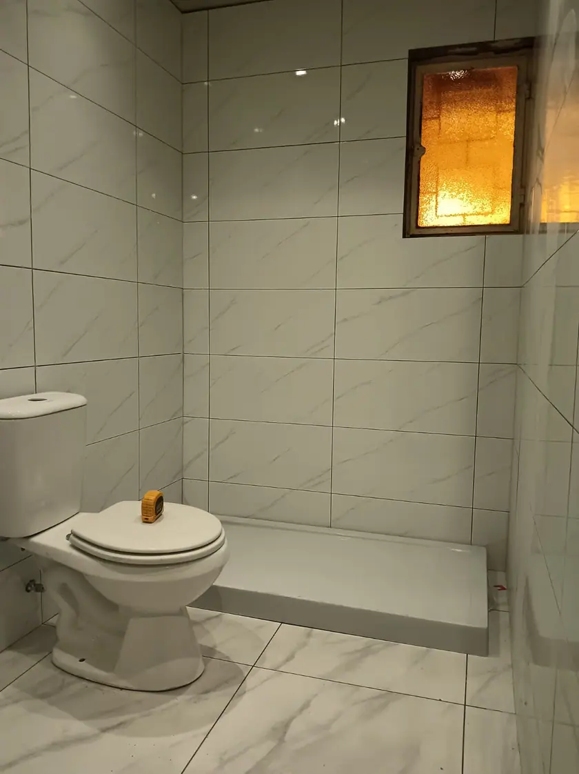 Baño terminado con porcelánico claro de gran formato, receptáculo de ducha a ras de suelo y artefactos nuevos.